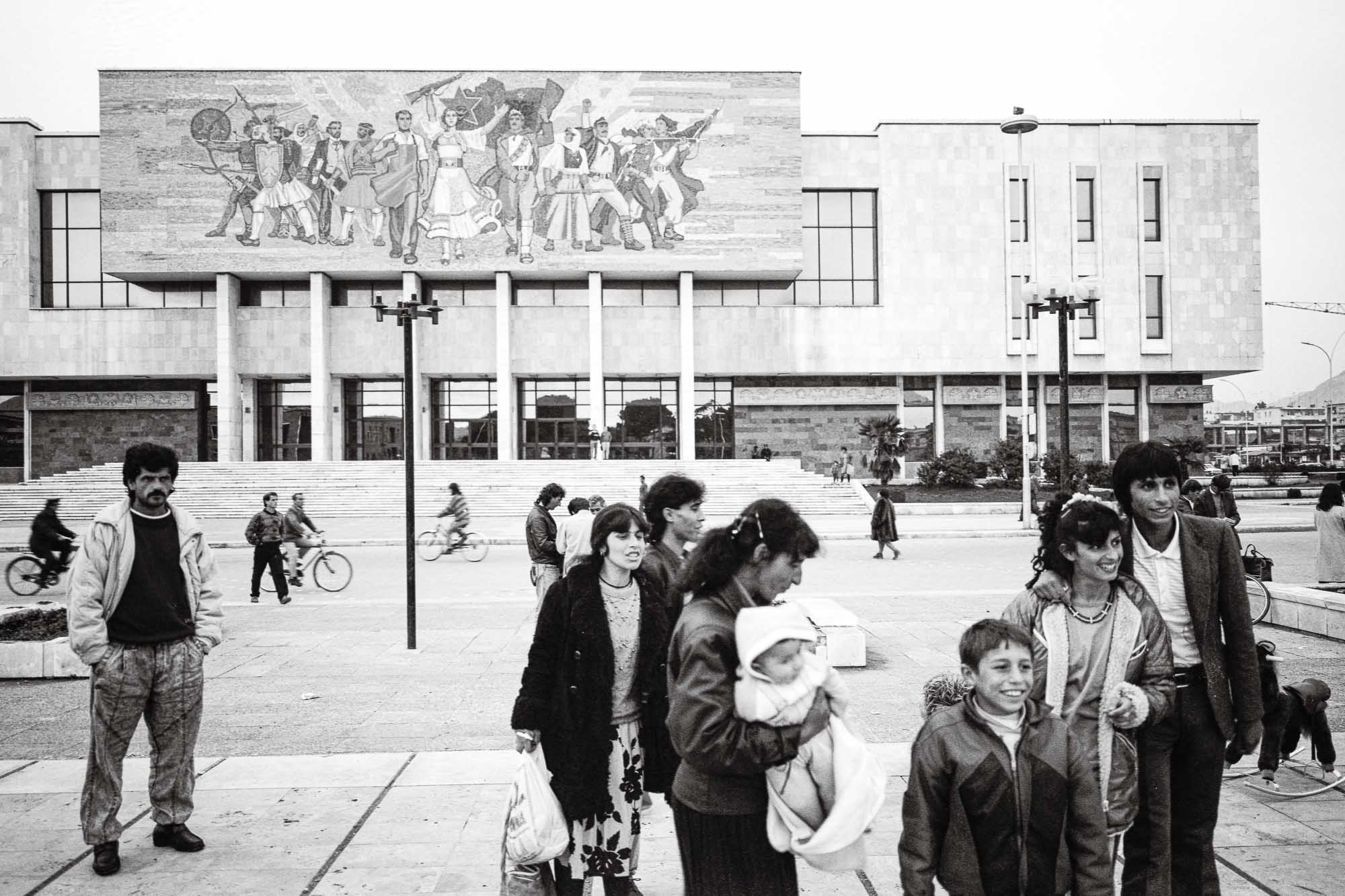 Bart-Deseyn-photographer-albania-1992-13 People in front of National Historical museum in Skanderbeg Square photographed in 1992 in Albania, Tirana